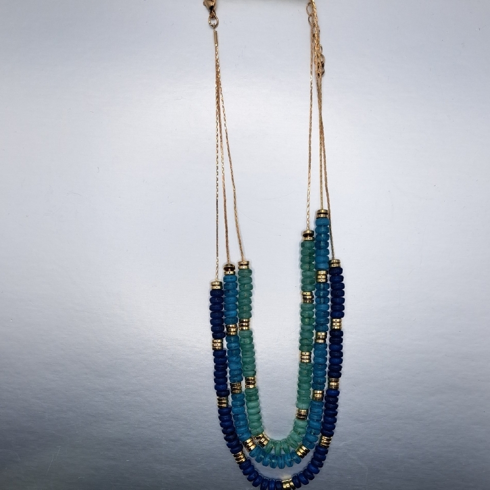 Blue and Green Beaded Gold Tone Necklace